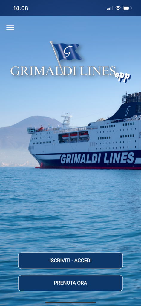 Grimaldi Lines mobile app welcome screen showing a ferry boat on the water and booking buttons
