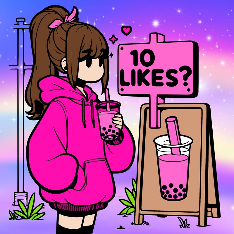 girl with oversized hoodie drinking boba and she has a high ponytail with a sign that says 10likes?