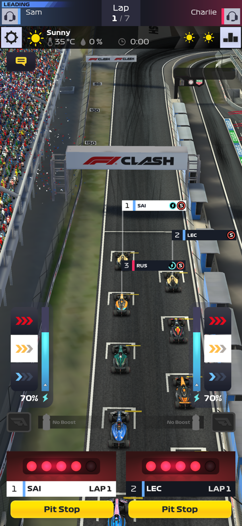 F1 Clash - Official 2025 Game - Top down gameplay view of F1 Clash showing race management interface and cars on track