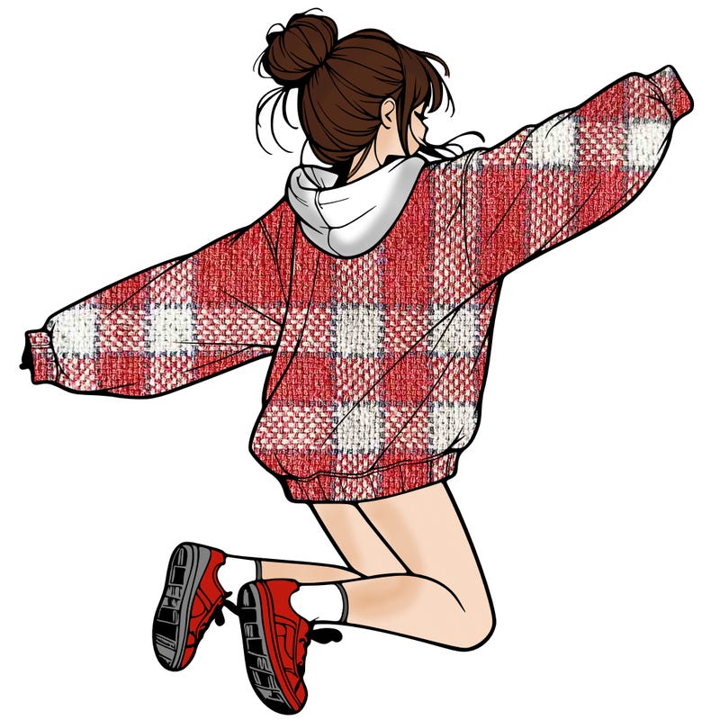 realistic girl jumping with a bun and oversized sweatshirt