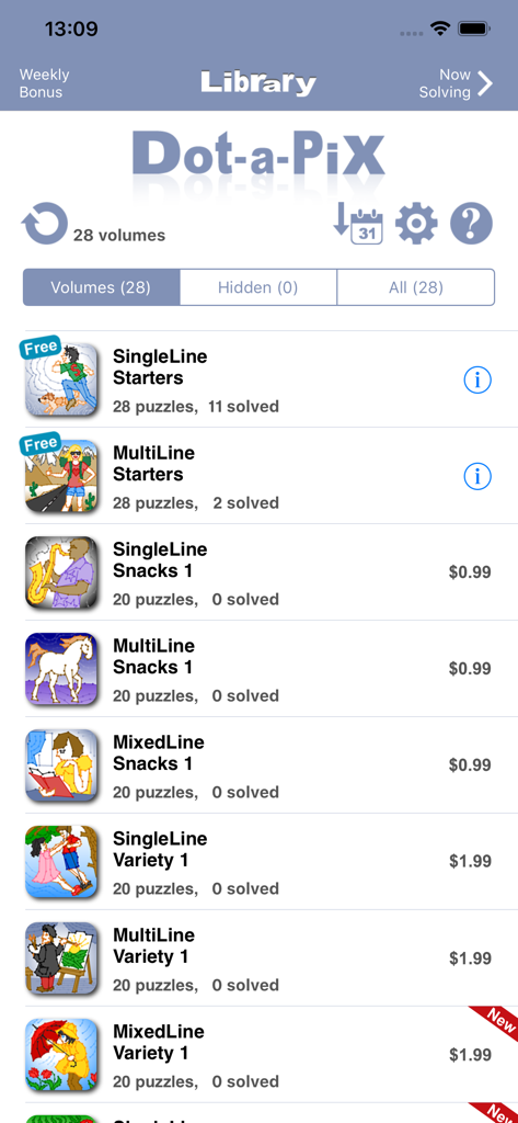Dot-a-Pix 앱의 라이브러리 화면으로, 다양한 점 잇기 퍼즐 묶음을 보여줍니다.