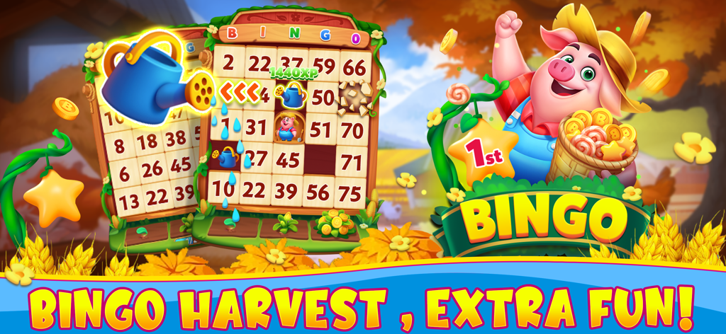 Bravo Bingo-Lucky Bingo Game - A colorful mobile bingo game screen featuring a farm harvest theme with a cheerful cartoon pig and bingo cards