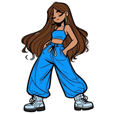 girl in baggy pants crop top and long hair