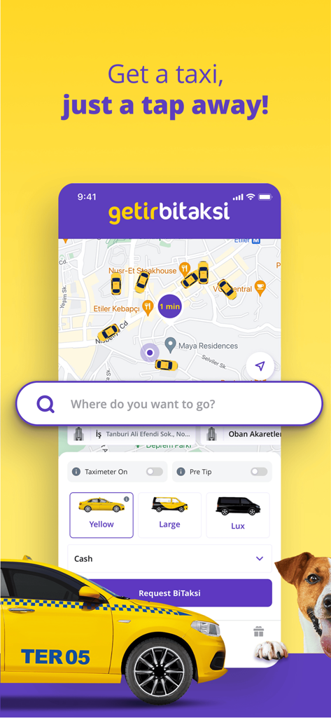 getir: groceries, food&beyond - 地図と車両オプションを備えたタクシー予約のためのGetirBiTaksiモバイルアプリインターフェース
