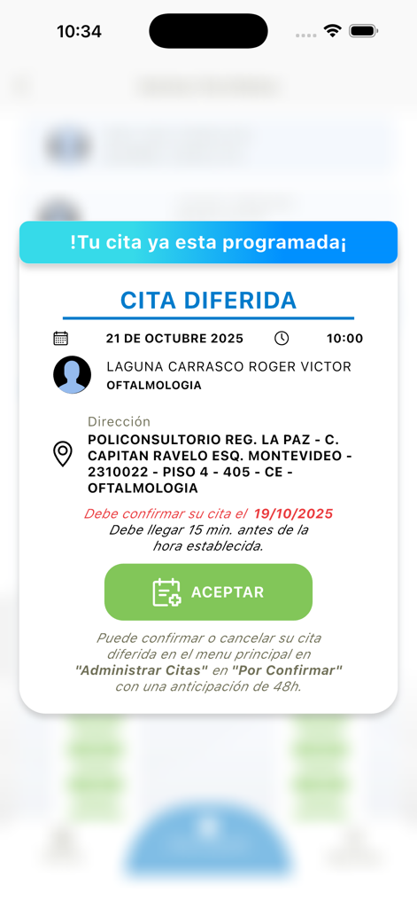 Medical appointment confirmation screen in the CSBP Movil app showing date time and doctor details