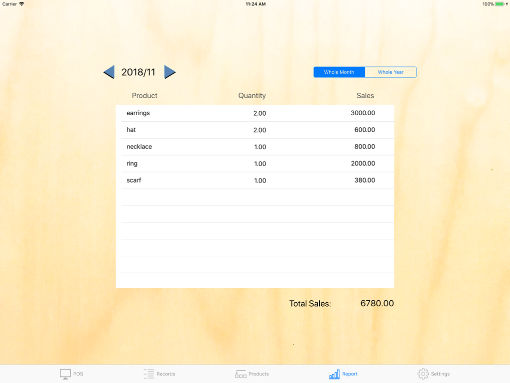 Monthly sales report screen in the POS S Pro app showing quantities and total sales for retail items like jewelry and accessories.