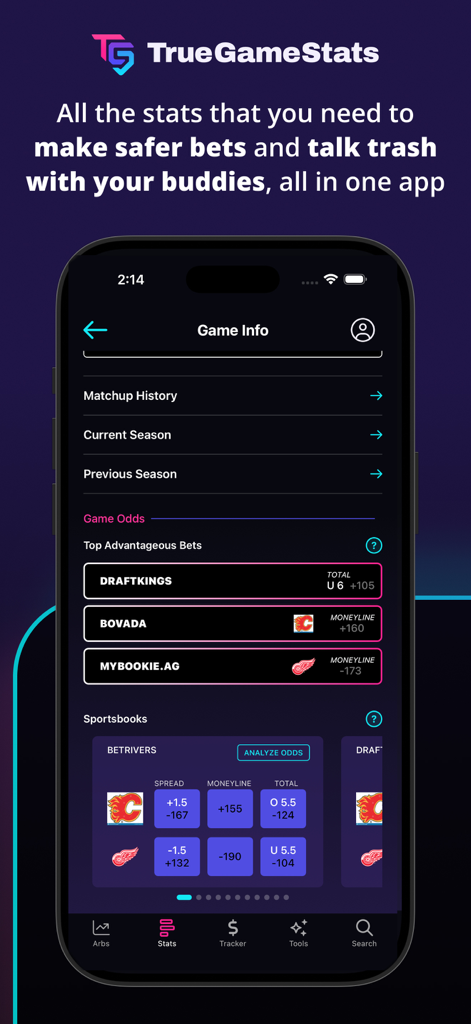 True Game Stats - True Game Stats app screen showing advantageous betting odds and game analysis