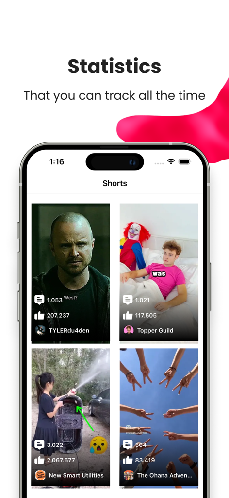 Save & View for YouTube Shorts - 保存されたYouTubeショート動画の「いいね！」やコメントなどのエンゲージメント統計を示すスマートフォンの画面。