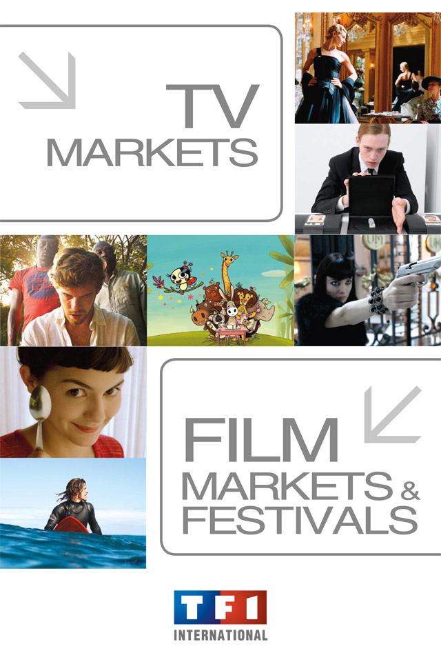 TF1 International - Interfaz de la aplicación TF1 International mostrando categorías para mercados de TV y cine con varias tomas de producción