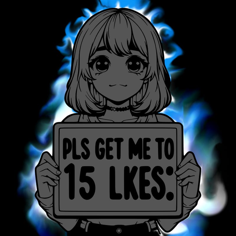 realistic girl holding up a sign that says “pls get me to 15 likes!”