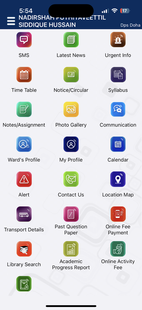 DPS MIS Doha - Main menu of the DPS MIS Doha mobile app with various educational and administrative service icons