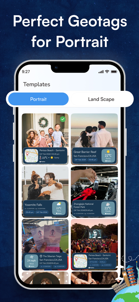 Timestamp Camera: GPS Stamp - A collection of portrait photo templates featuring customizable GPS location and timestamp overlays.
