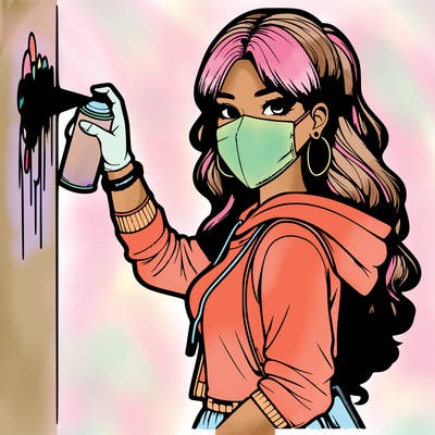 realistic girl with mask spray painting a wall