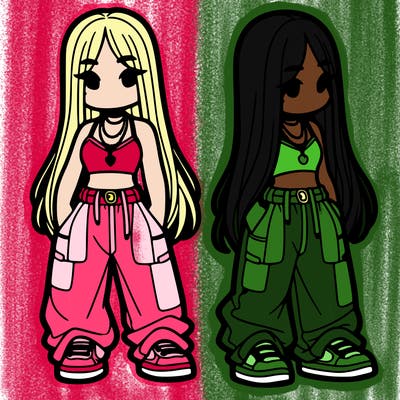 girl in baggy pants crop top and long hair