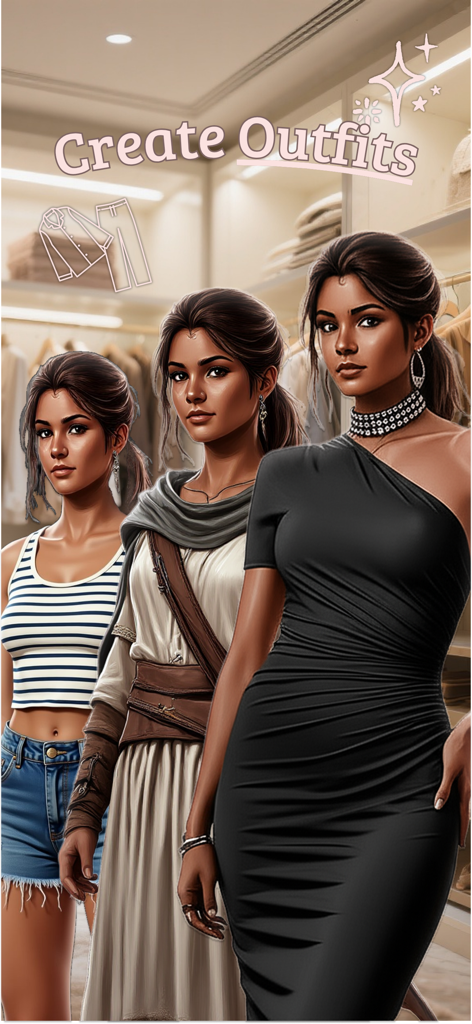 Uma personagem feminina mostrada em três roupas diferentes, incluindo um look casual, uma túnica de fantasia e um elegante vestido preto