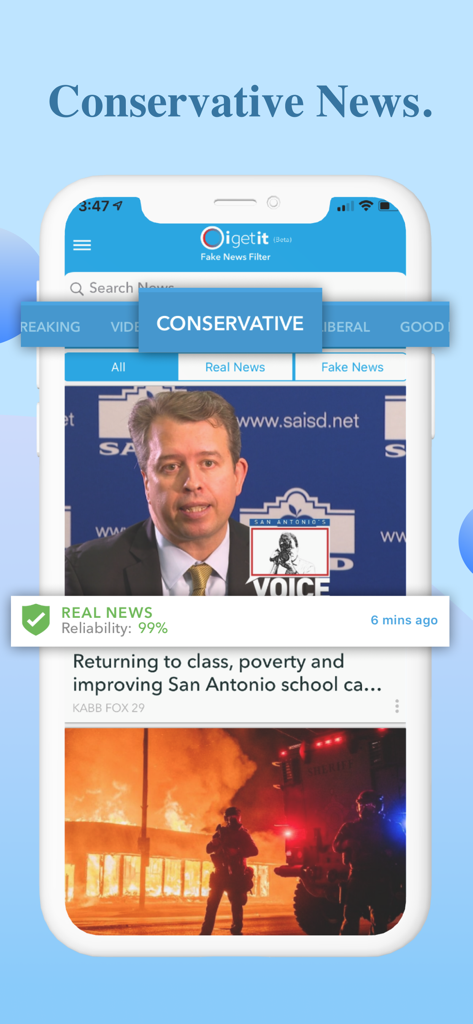 Oigetit app interface showing conservative news with a high reliability rating