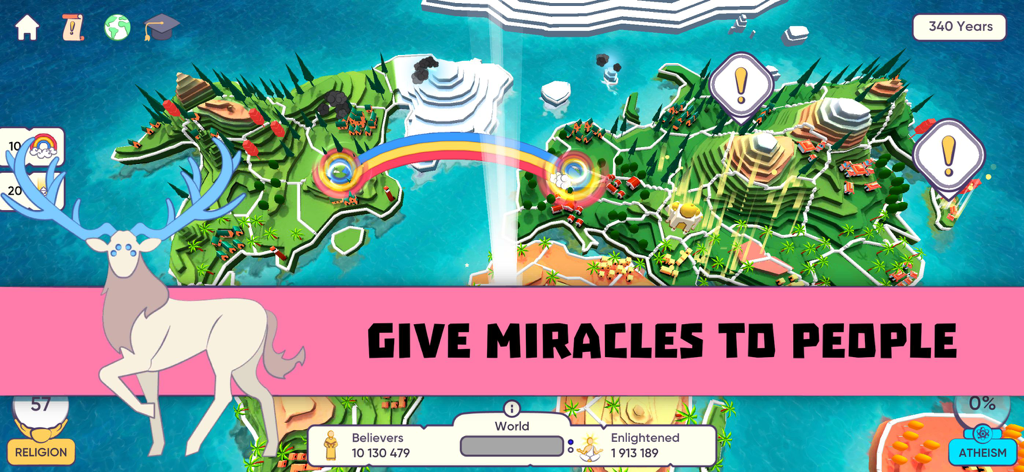 Gameplay screenshot of Religion inc God Simulator showing a world map and a banner that says Give Miracles to People