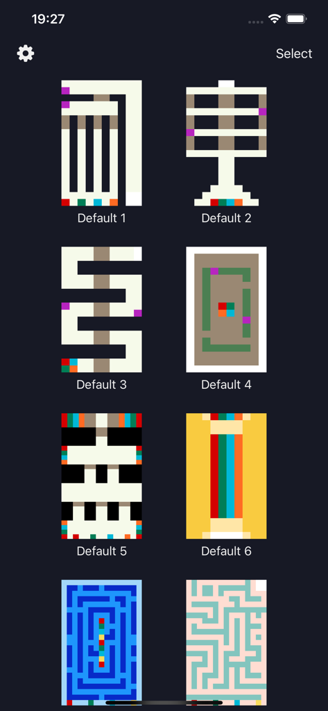 Square Race - Arena Simulator - Selection of default pixel art arena layouts in the Square Race Arena Simulator app menu
