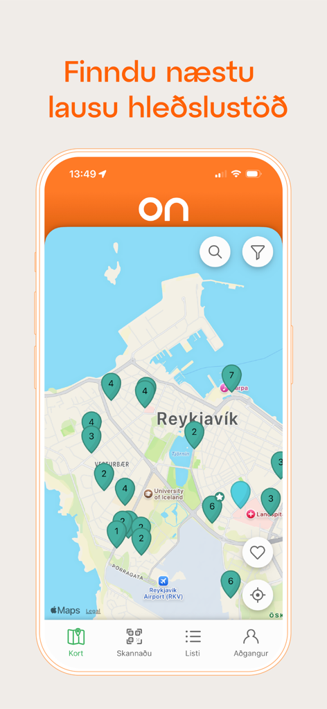 Mapa móvel mostrando as localizações das estações de carregamento de VE em Reiquiavique