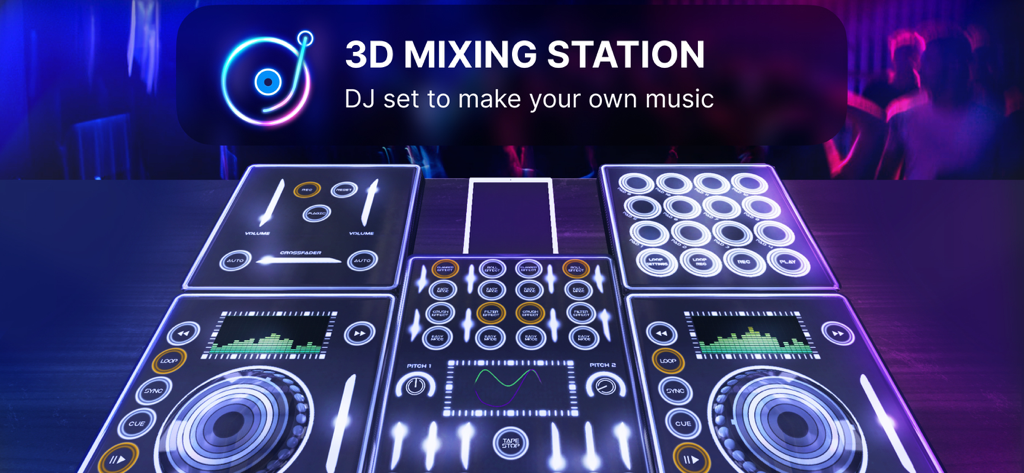 Party Mixer 3D: DJ Mix Studio - 3D DJ mixing station interface with neon controls for making music