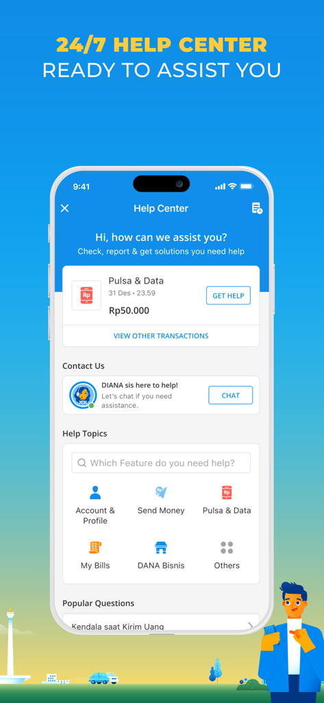 DANA app Help Center screen showing 24/7 assistance options including chat support and help categories for transactions and bills