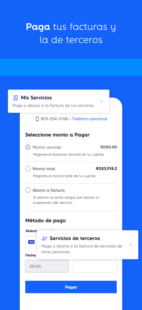 Interfaz de la aplicación Mi Altice que muestra la pantalla para pagar facturas propias o de terceros con opciones de monto y método de pago.
