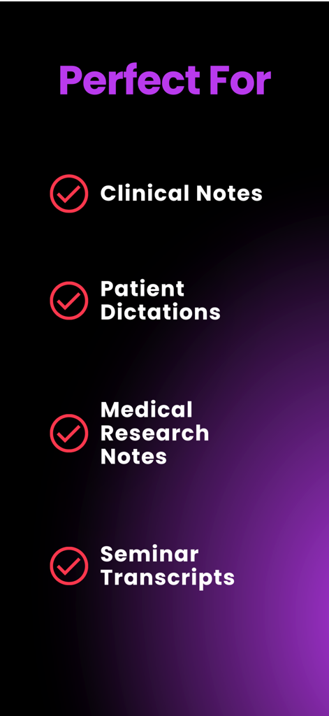 MedXcribe - Liste der medizinischen Anwendungsfälle für MedXcribe, einschließlich klinischer Notizen, Patienten-Diktate, Forschungsnotizen und Seminar-Transkripte.