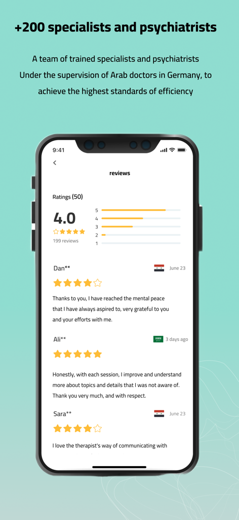 Arab Therapy app interface showing user reviews and information about 200 specialists supervised by doctors in Germany