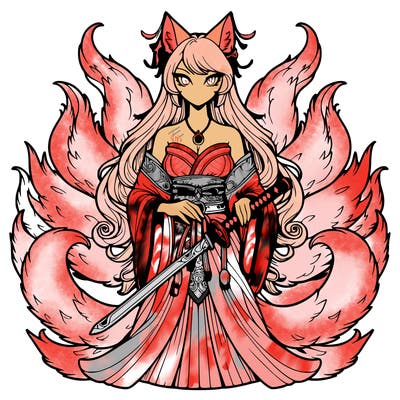 high detailed nine tailed fox woman with a sword