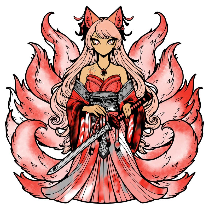 high detailed nine tailed fox woman with a sword