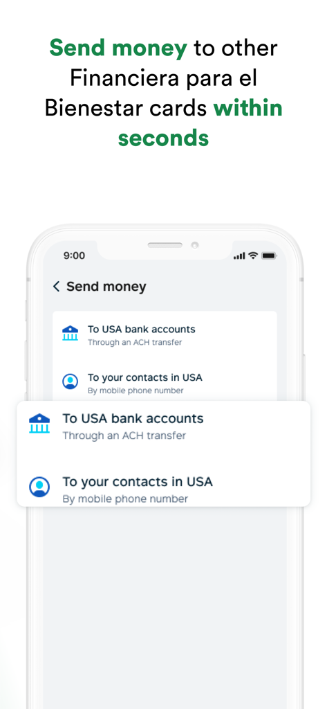 Bildschirm zeigt Optionen zum Senden von Geld an US-Bankkonten und Kontakte in der App Financiera para el Bienestar