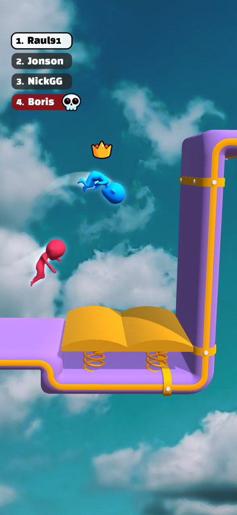 Two characters jumping on a 3D parkour track with a leaderboard display