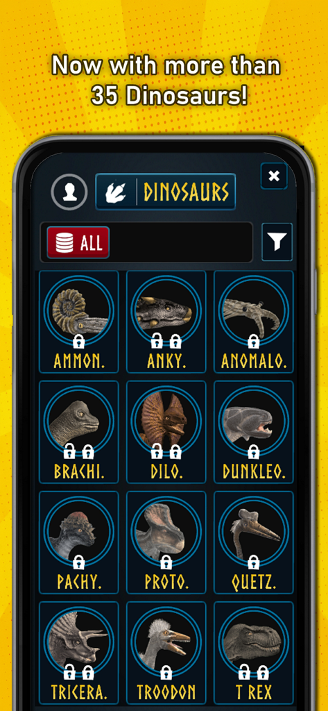 A menu screen in Eugene's AR Wiki app displaying a grid of over 35 unlockable dinosaur and prehistoric animal models