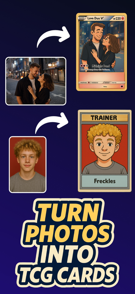 TCG Card Value Scanner: Arcane - A promotional screen showing the process of turning personal photos into custom TCG trading cards