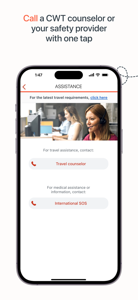 myCWT - Interfaz de la aplicación myCWT para contactar consejeros de viajes y asistencia médica