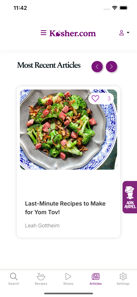 Kosher.com - Kosher.com mobile app screen displaying the most recent lifestyle and recipe articles for Jewish holidays