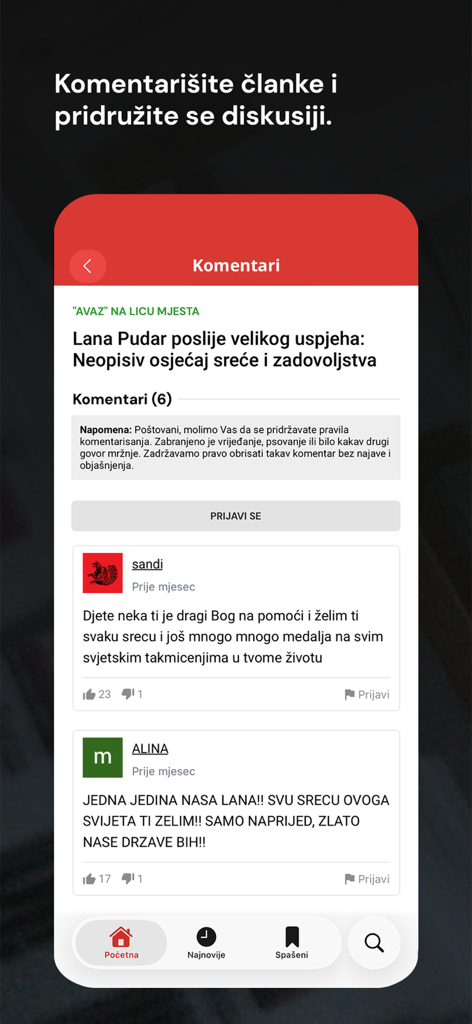 Screenshot dell'app di notizie Avaz che mostra la sezione dei commenti e delle discussioni su un articolo