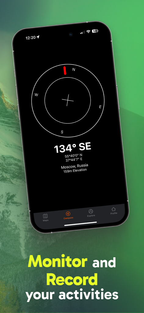 Smartphone screen showing a digital compass with GPS coordinates and elevation data