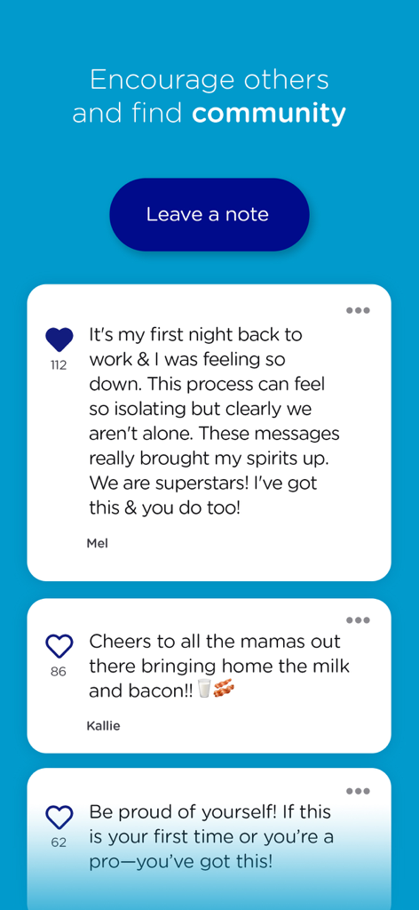 Mamava app screen showing community encouragement and supportive notes for breastfeeding parents.