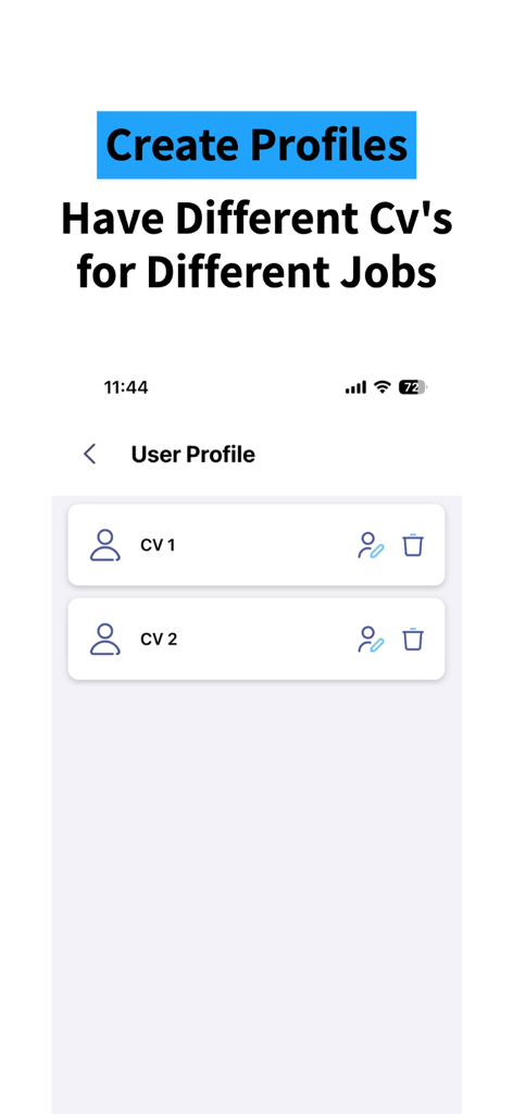 ResuME Maker - CV Jobs Builder - A mobile screen showing how to manage and create multiple CV profiles for different job applications