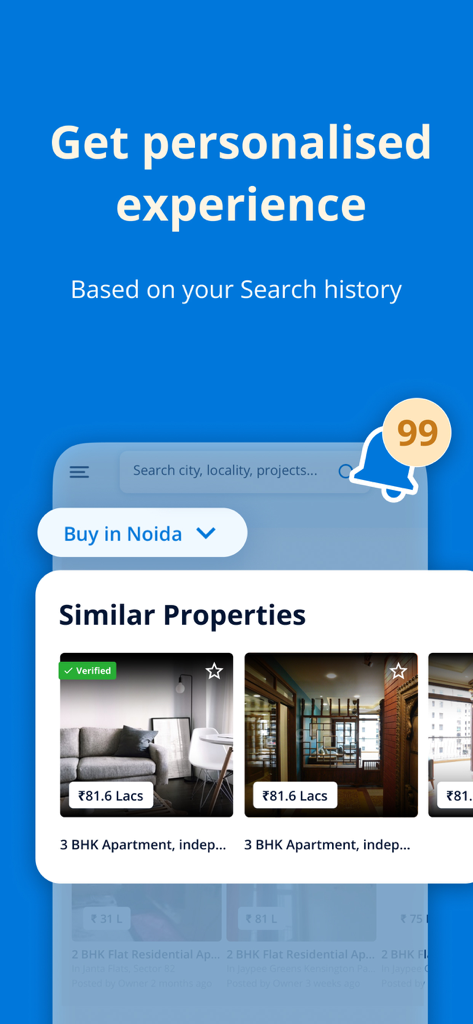 99acres - Property Search - 99acres mobile app interface showing personalized real estate recommendations and similar verified property listings