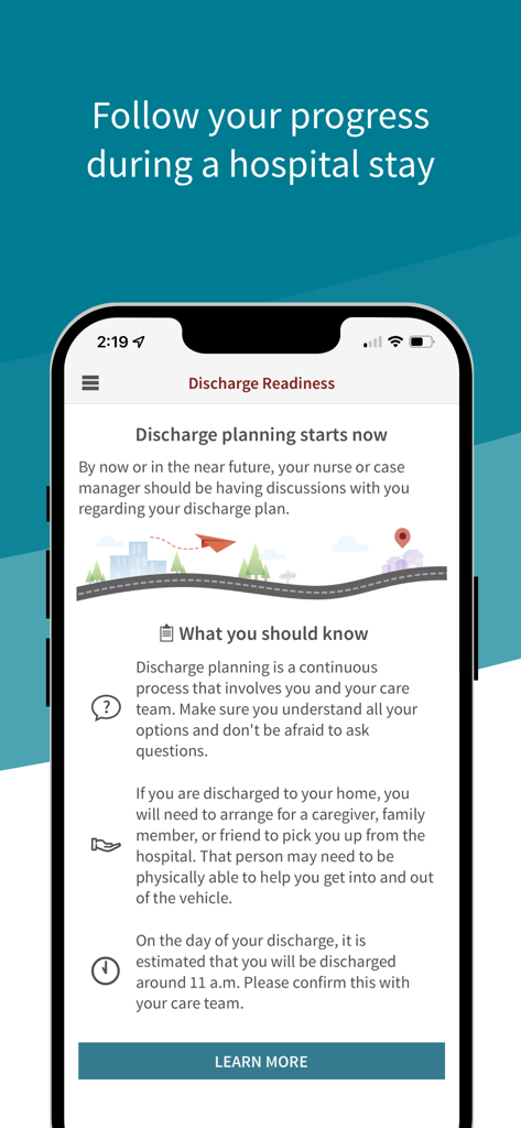 Stanford Health Care MyHealth - Stanford Health MyHealth app screen showing discharge readiness planning for hospital stays.