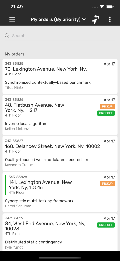 Bringg Driver App - Bringg Driver App showing a prioritized list of delivery and pickup orders with addresses and status tags