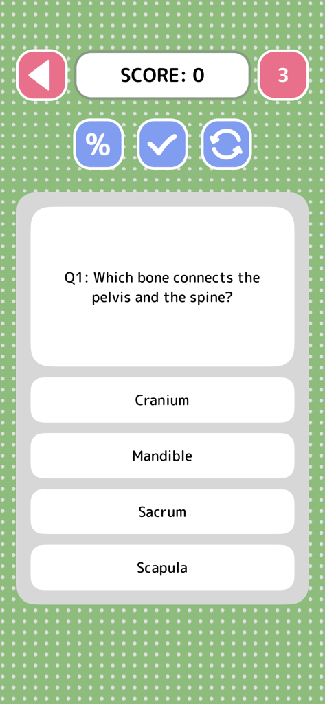 Science Quiz - Game - 척추 및 골반에 대한 해부학 선택 질문을 보여주는 과학 퀴즈 게임 앱의 스크린샷.