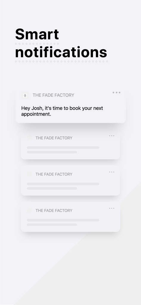 Notificação inteligente do aplicativo The Fade Factory lembrando um usuário para agendar seu próximo corte de cabelo.