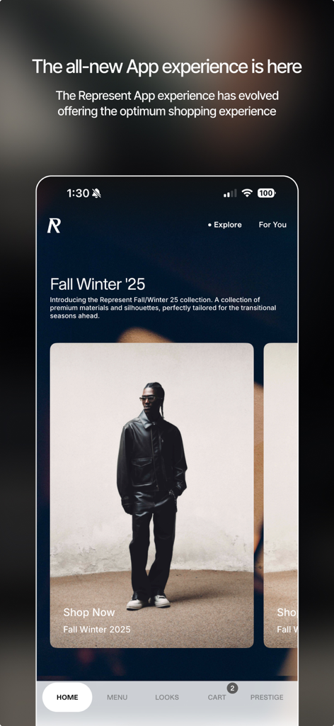 REPRESENT - Home screen of the Represent luxury fashion app showcasing the Fall Winter 2025 collection with a male model in streetwear.