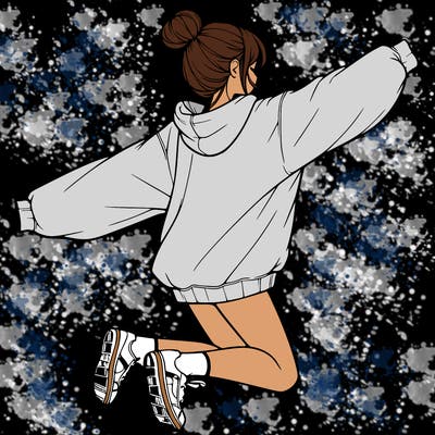 realistic girl jumping with a bun and oversized sweatshirt