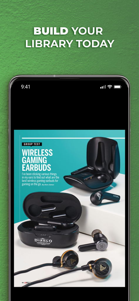 A mobile device displaying a PC Gamer magazine feature on wireless gaming earbuds