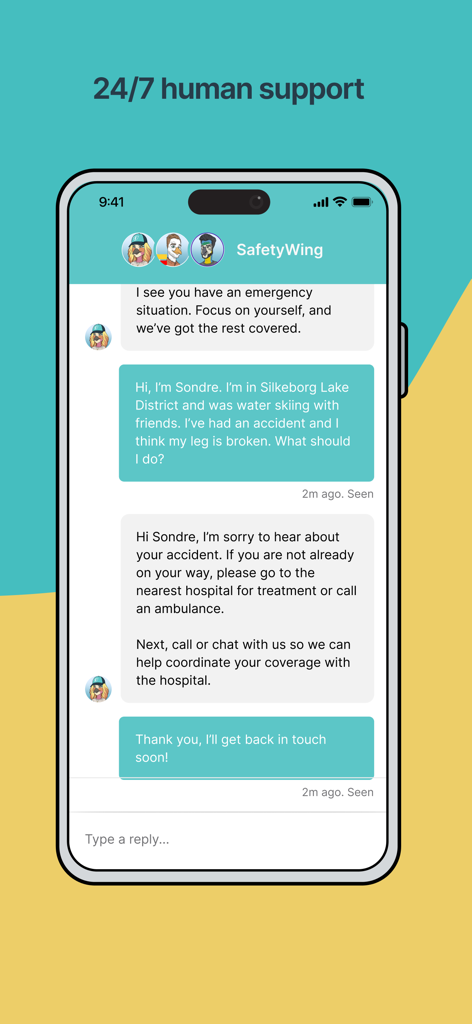 海外旅行医療保険のための24時間年中無休のヒューマンサポートチャットインターフェースを示すSafetyWingモバイルアプリのスクリーンショット。