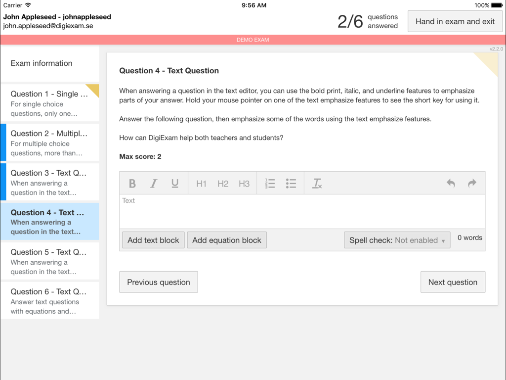 Digiexam - Interface do aplicativo Digiexam para iPad exibindo uma pergunta de exame baseada em texto e ferramentas de formatação